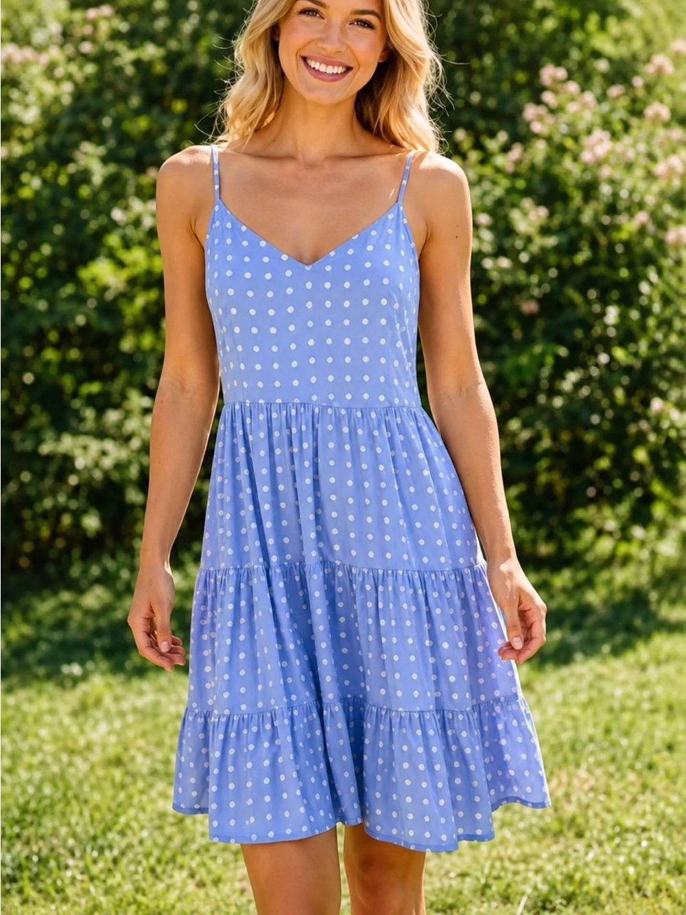 Monteau Los Angeles Light Blue Polka Dot Tiered Sundress Size Large